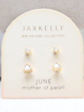 Jax Kelly Gold Tone Cubic Zirconia & Mother of Pearl Stud Earrings $48 New